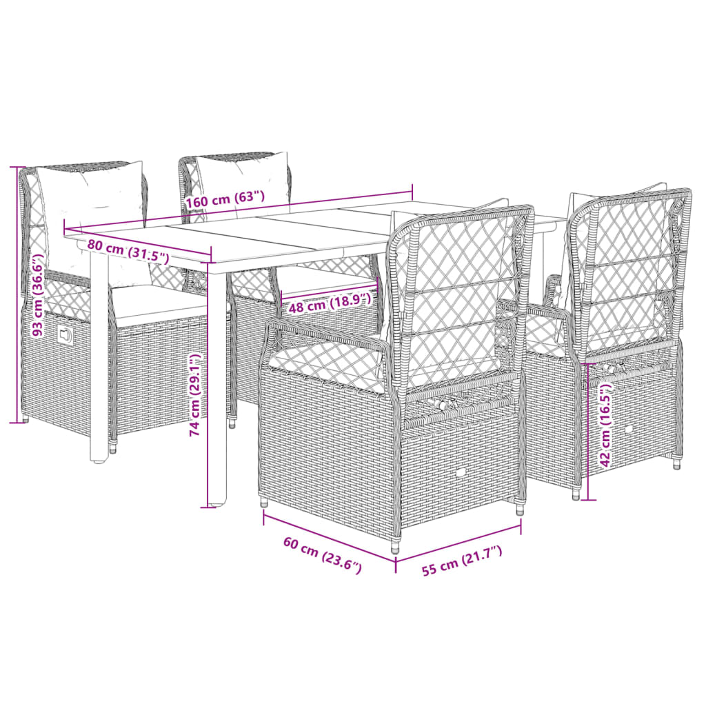 Set da Pranzo da Giardino 5pz con Cuscini in Polyrattan Marrone | homemem39