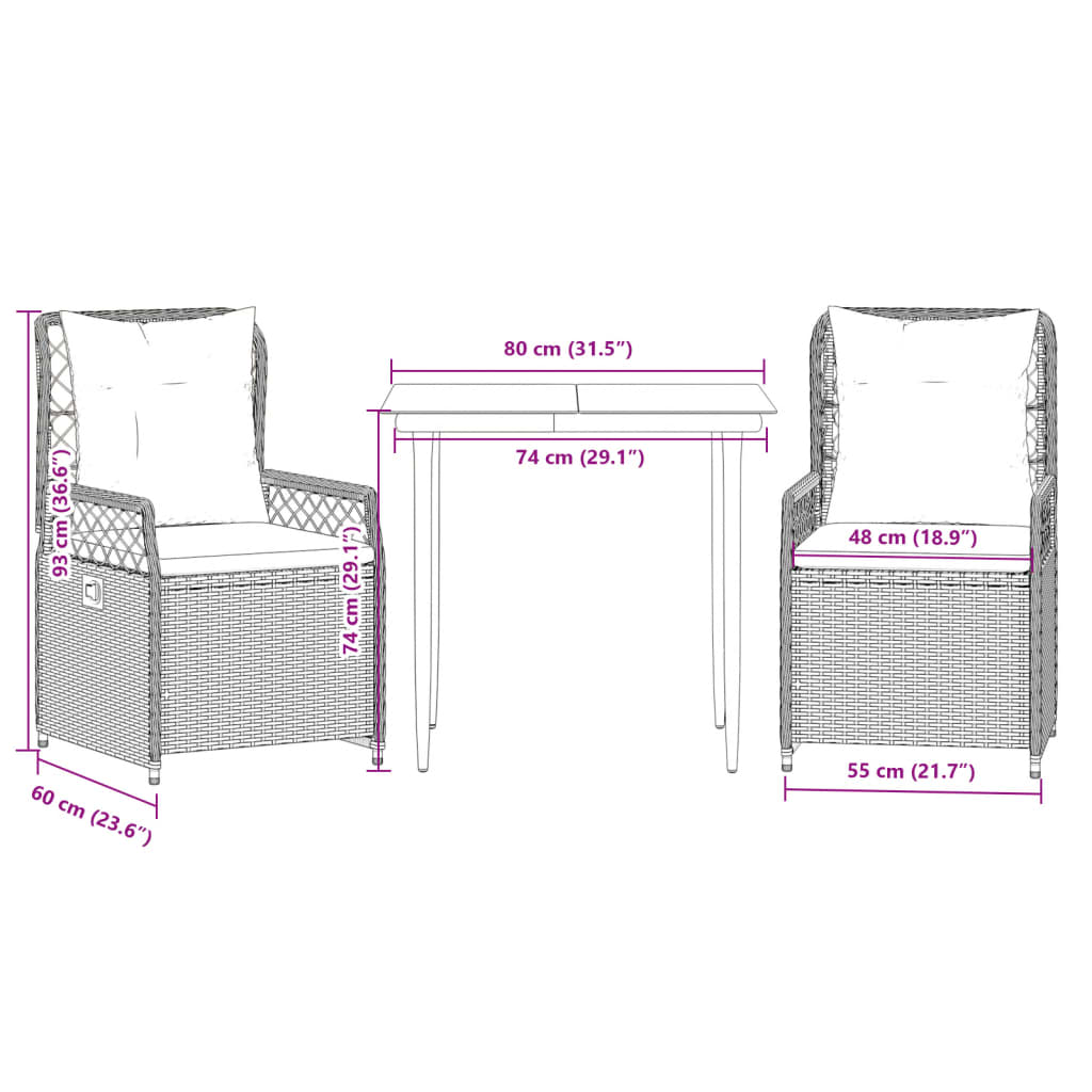 Set da Pranzo da Giardino 3 pz con Cuscini in Polyrattan Grigio