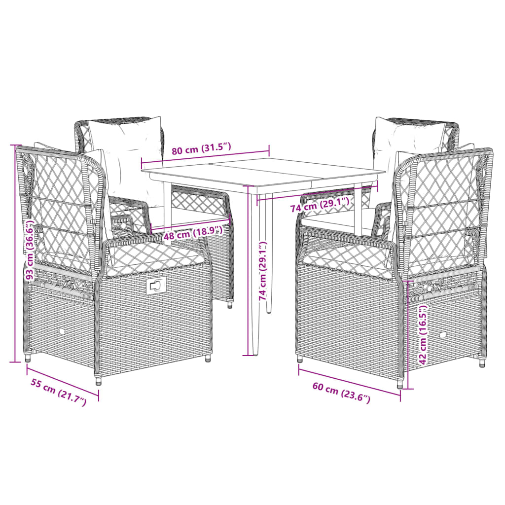 Set da Pranzo da Giardino 5 pz con Cuscini in Polyrattan Grigio