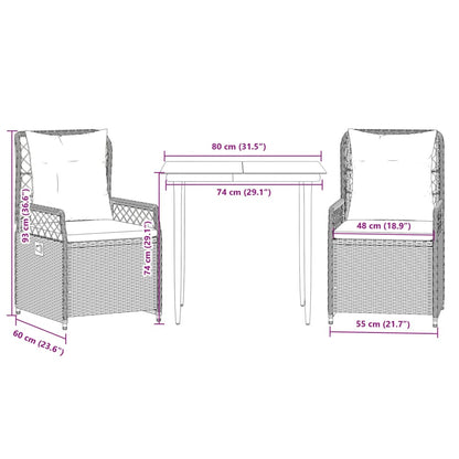 Set da Pranzo da Giardino 3 pz con Cuscini Beige in Polyrattan