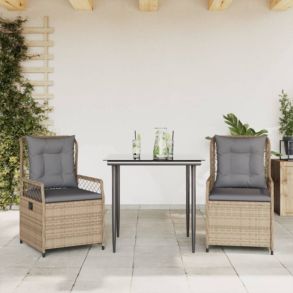 Set da Pranzo da Giardino 3 pz con Cuscini Beige in Polyrattan