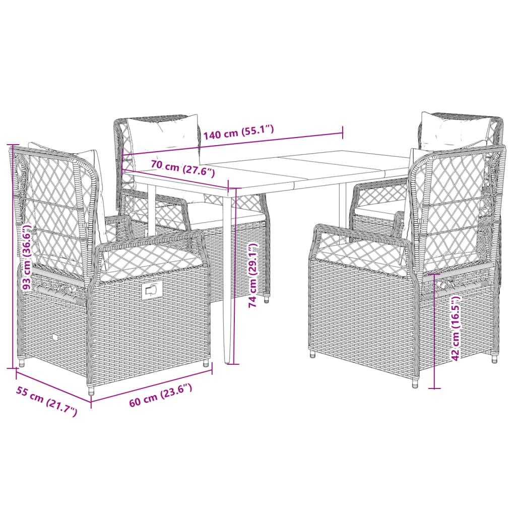 Set da Pranzo da Giardino 5 pz con Cuscini Beige in Polyrattan | homemem39