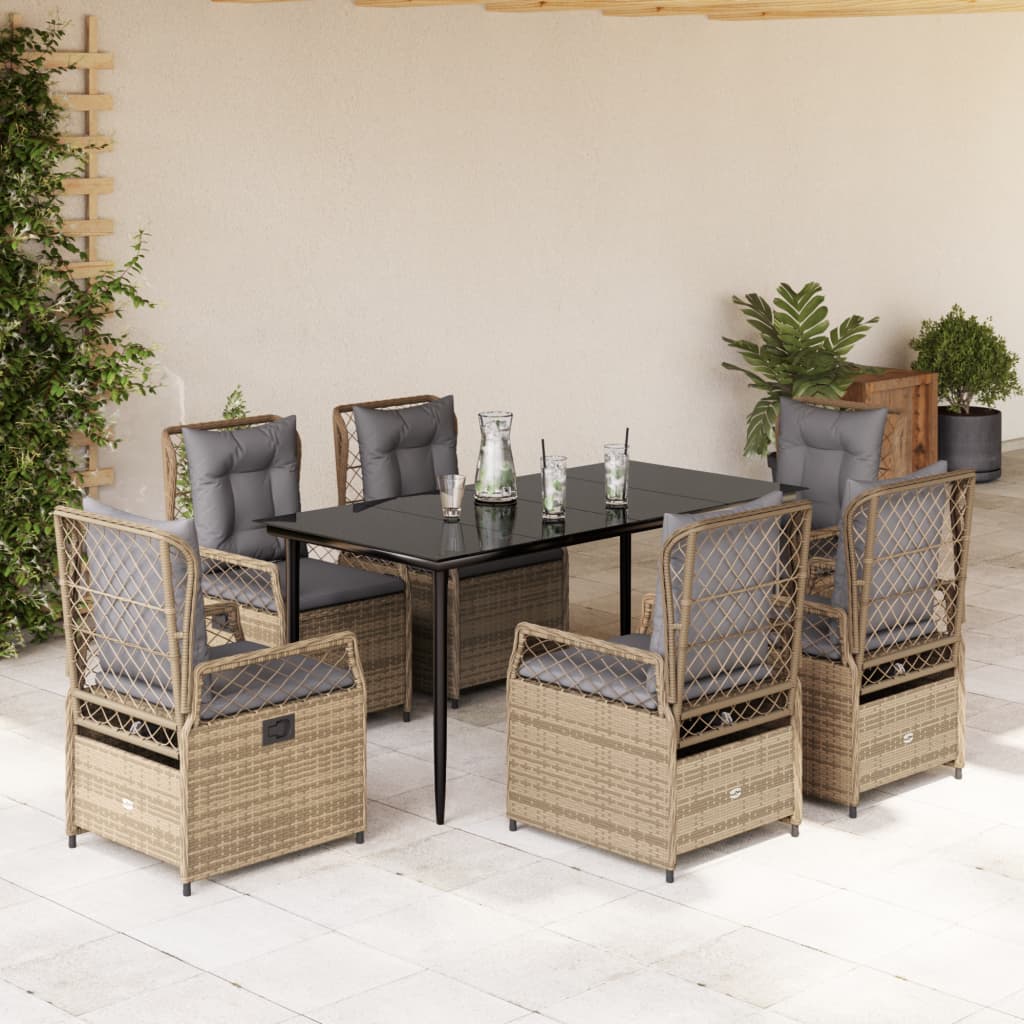 Set da Pranzo da Giardino 7 pz con Cuscini Beige in Polyrattan - homemem39