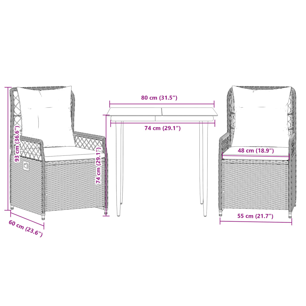 Set da Pranzo da Giardino 3 pz con Cuscini Beige in Polyrattan