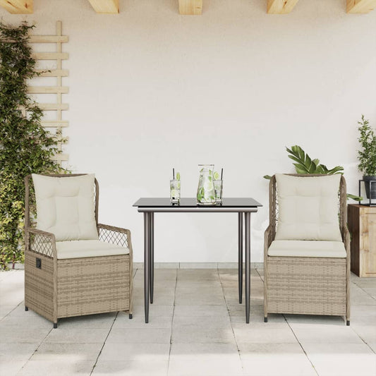 Set da Pranzo da Giardino 3 pz con Cuscini Beige in Polyrattan