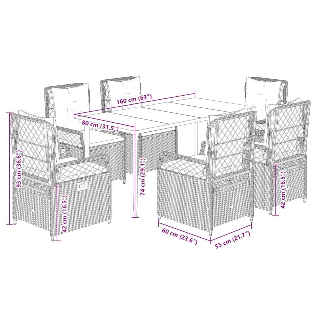Set da Pranzo da Giardino 7 pz con Cuscini Beige in Polyrattan - homemem39