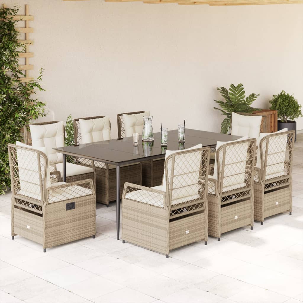 Set da Pranzo da Giardino 9 pz con Cuscini Beige in Polyrattan - homemem39