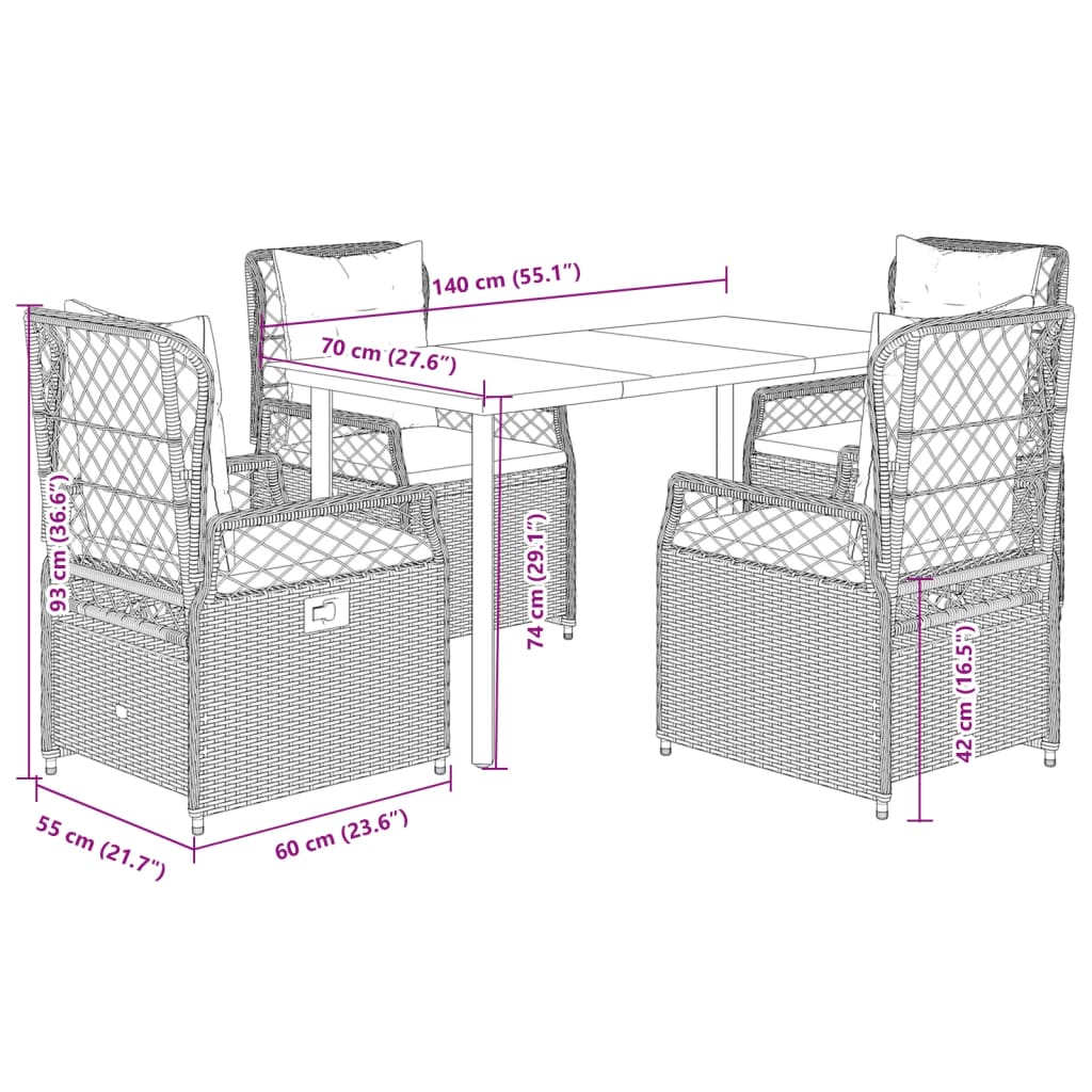 Set da Pranzo da Giardino 5 pz con Cuscini Beige in Polyrattan | homemem39