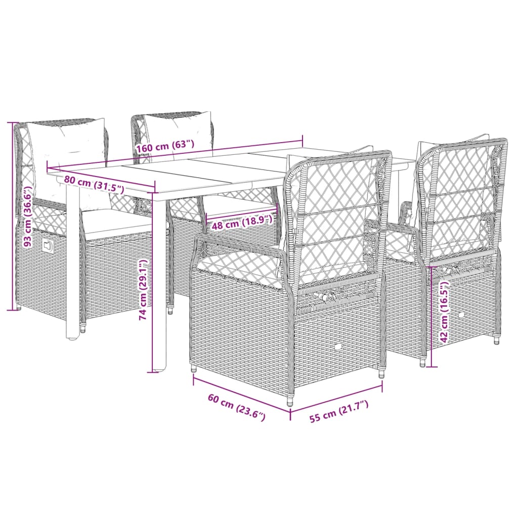 Set da Pranzo da Giardino 5 pz con Cuscini Beige in Polyrattan | homemem39