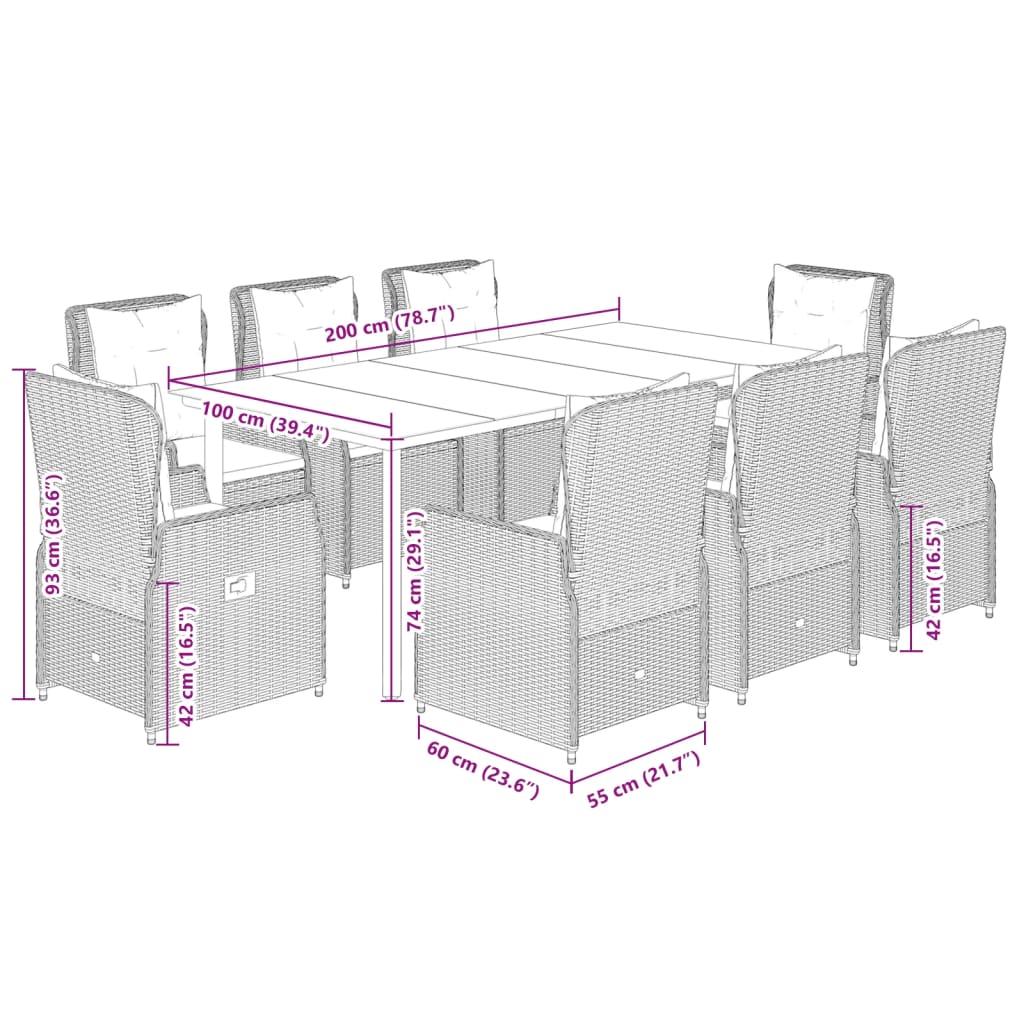Set da Pranzo da Giardino 9 pz con Cuscini Beige in Polyrattan | homemem39