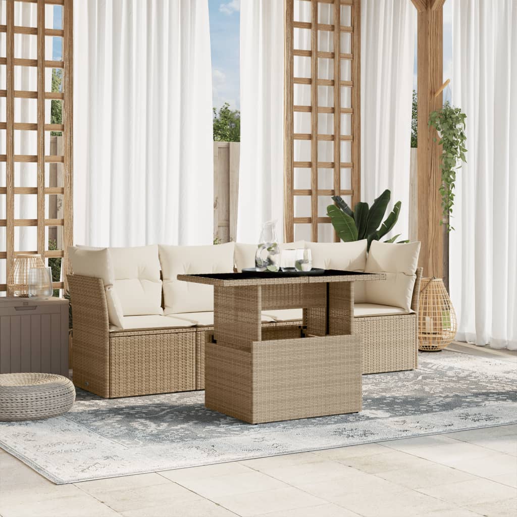 5 pc Garden Sofa Set with Beige Polyrattan Cushions