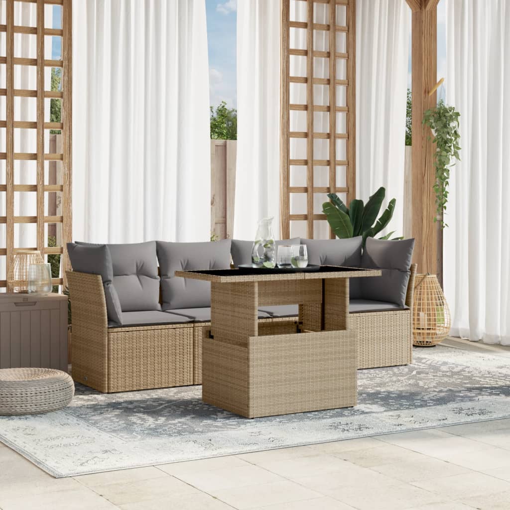 Set Divano da Giardino 5 pz con Cuscini Beige in Polyrattan - homemem39