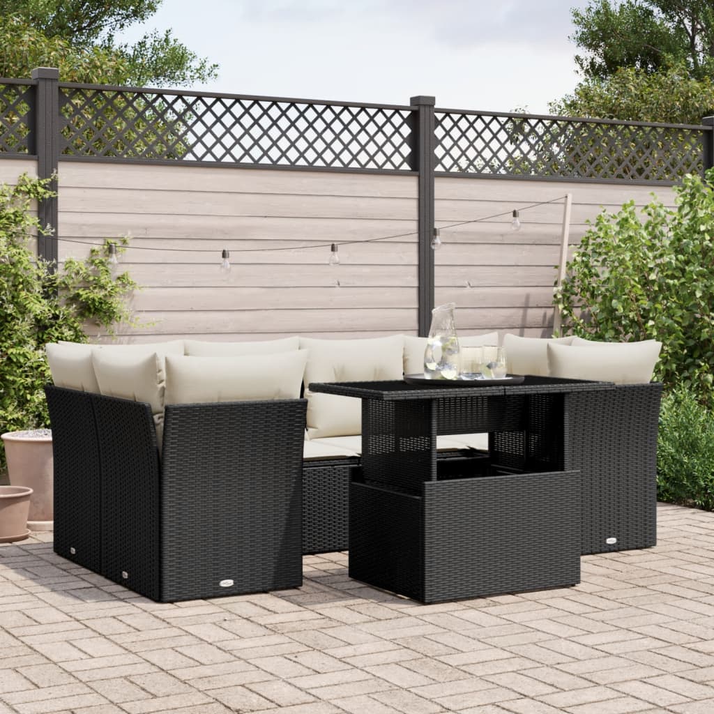 Set Divani da Giardino con Cuscini 7pz Nero Polyrattan