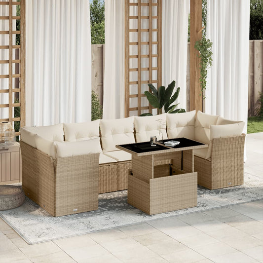 Set Divano da Giardino 8 pz con Cuscini Beige in Polyrattan