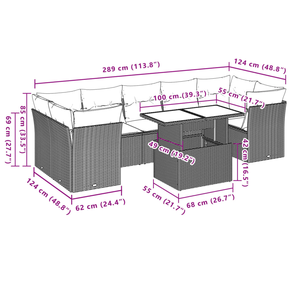 Set Divano da Giardino 8pz con Cuscini Grigio Chiaro Polyrattan
