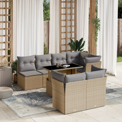 8 pc Garden Sofa Set with Beige Polyrattan Cushions