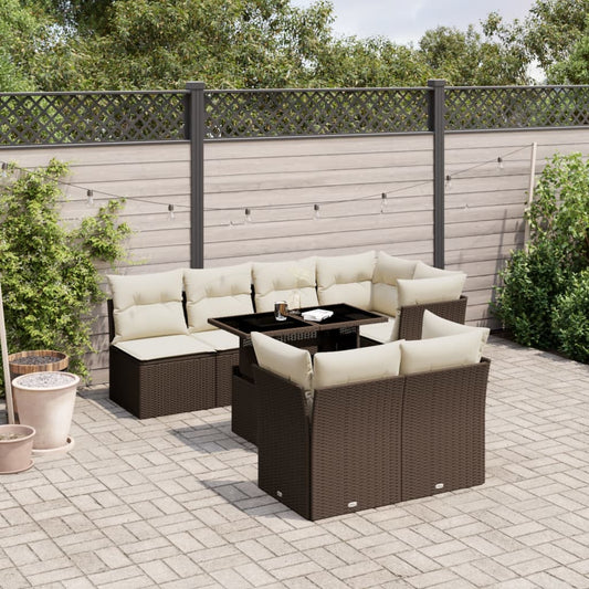 Set Divani da Giardino 8 pz con Cuscini Marrone in Polyrattan