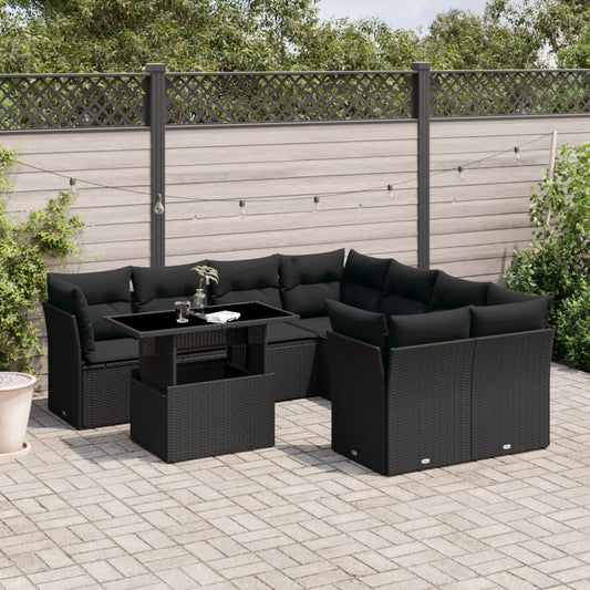 Set Divani da Giardino 9 pz con Cuscini Nero in Polyrattan - homemem39
