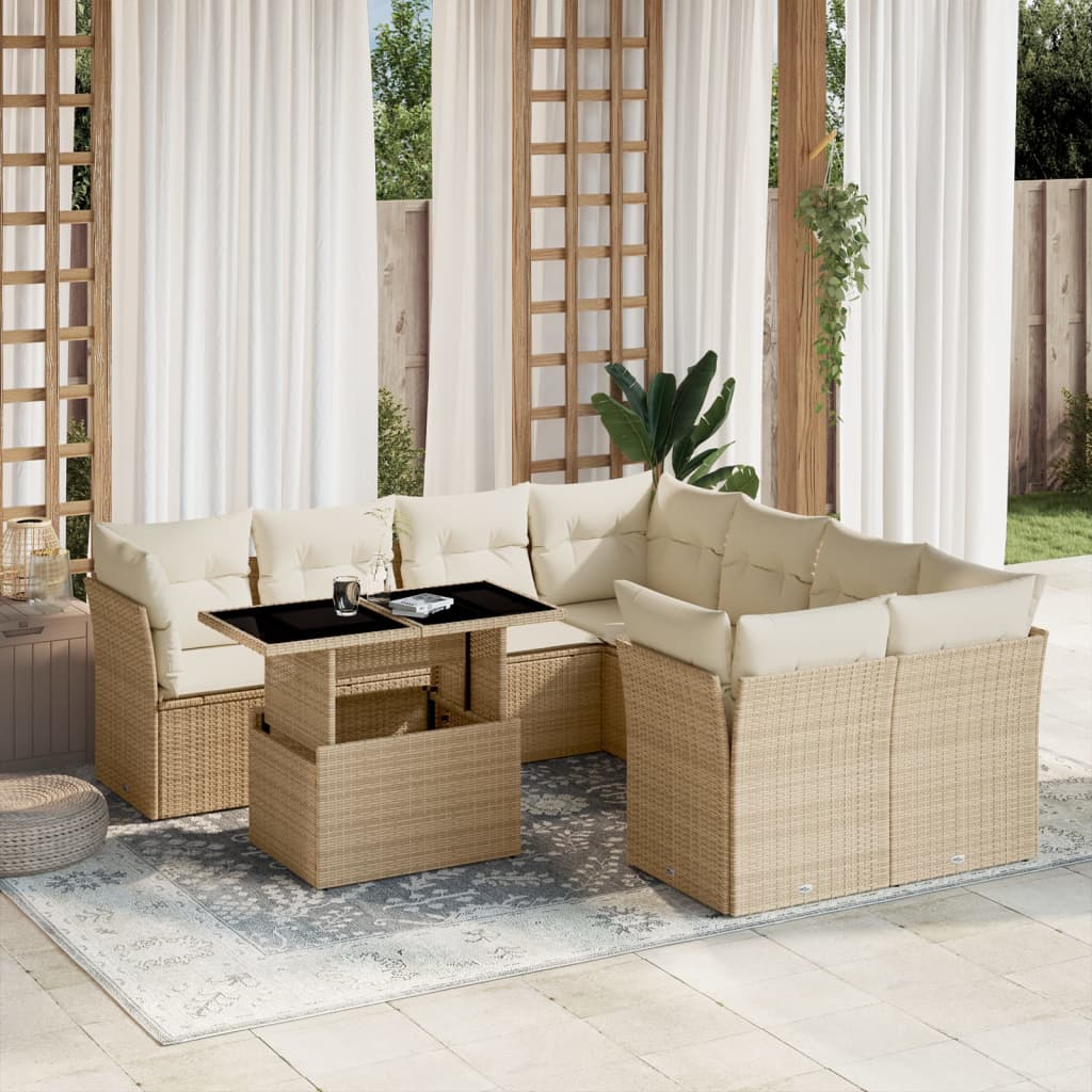 Set Divano da Giardino 9 pz con Cuscini Beige in Polyrattan - homemem39