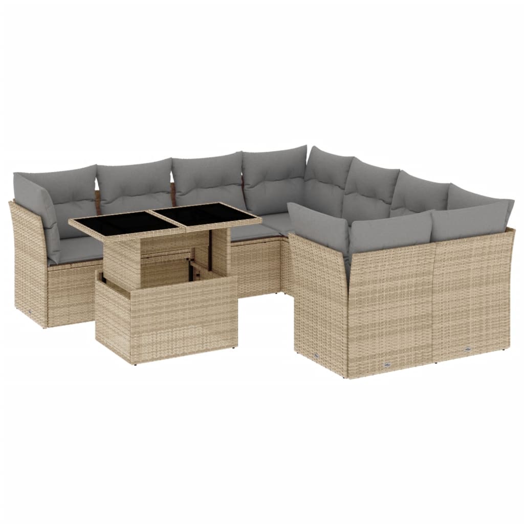 Set Divano da Giardino 9 pz con Cuscini Beige in Polyrattan