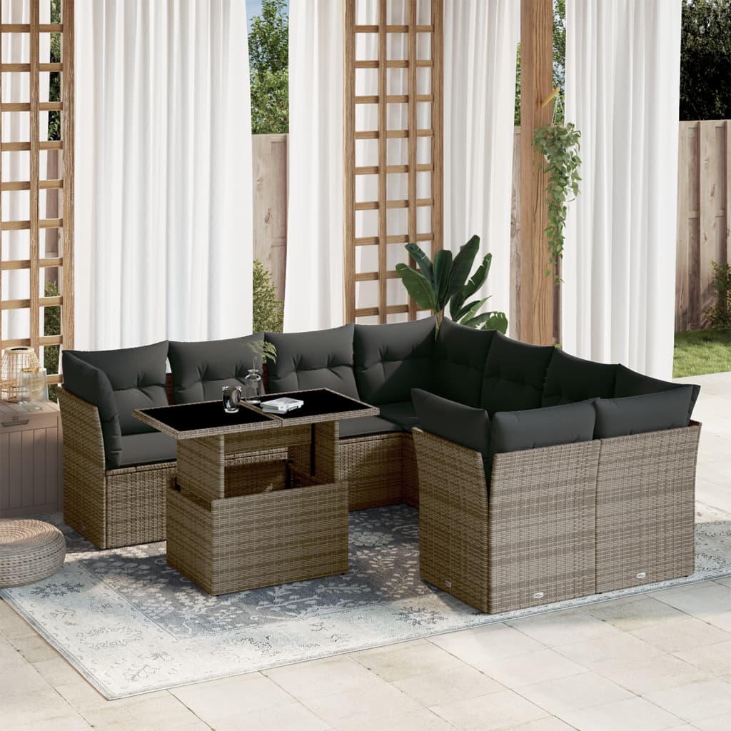 Set Divano da Giardino 9 pz con Cuscini Grigio in Polyrattan | homemem39