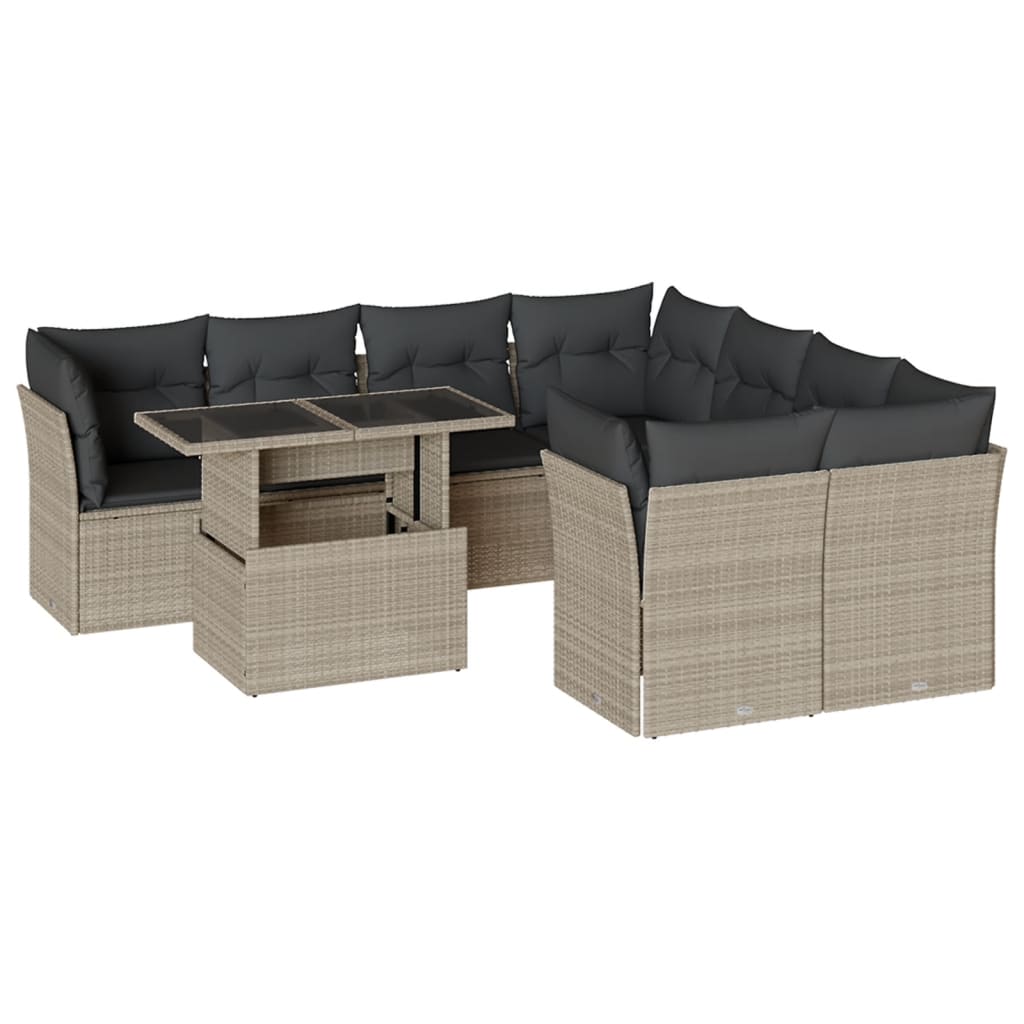 Set Divano da Giardino 9pz con Cuscini grigio chiaro Polyrattan