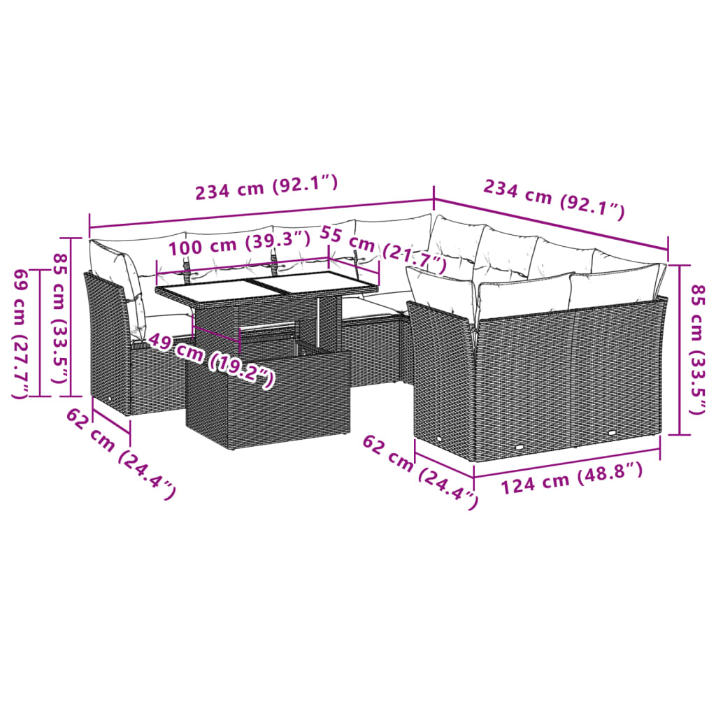 Set Divano da Giardino 9pz con Cuscini Grigio Chiaro Polyrattan | homemem39