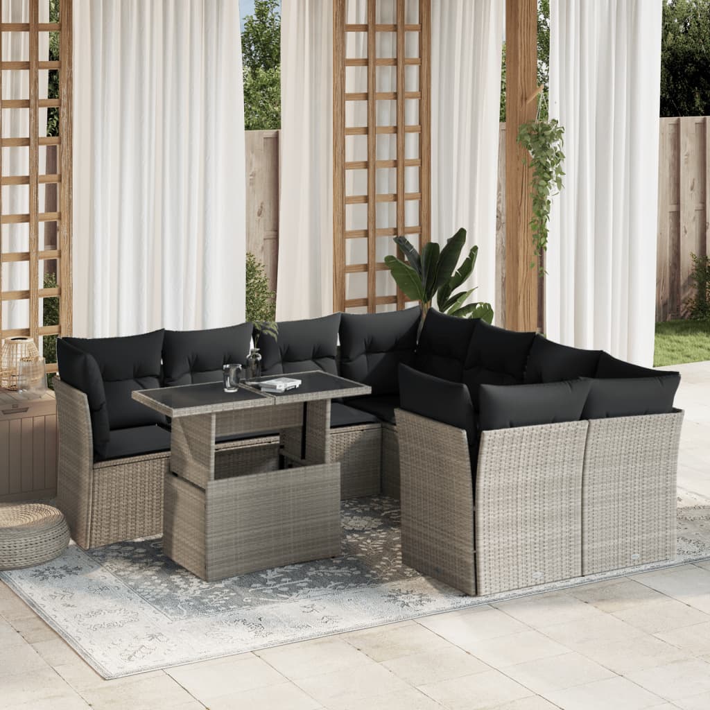 Set Divano da Giardino 9pz con Cuscini Grigio Chiaro Polyrattan | homemem39