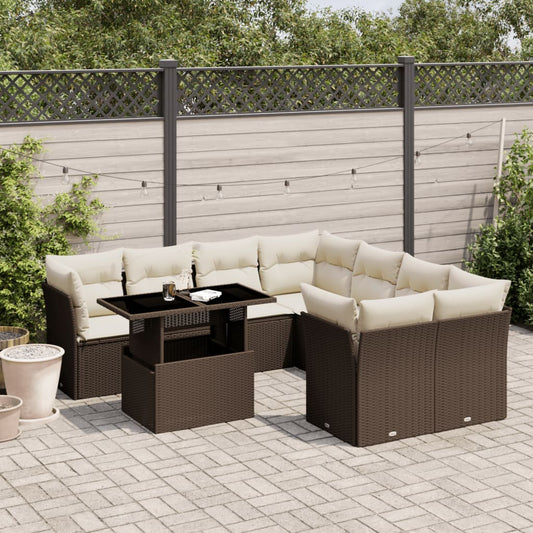 9pc Garden Sofa Set with Brown Polyrattan Cushions