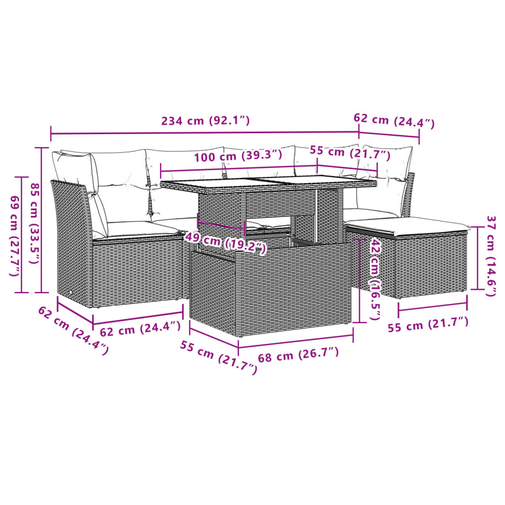 Set Divano da Giardino 6 pz con Cuscini Beige in Polyrattan