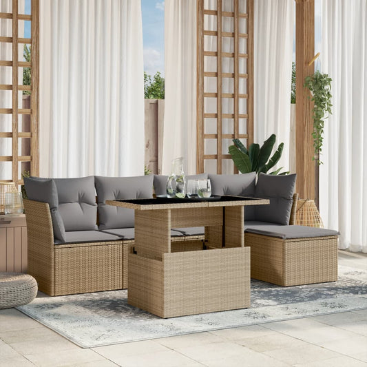 Set Divano da Giardino 6 pz con Cuscini Beige in Polyrattan