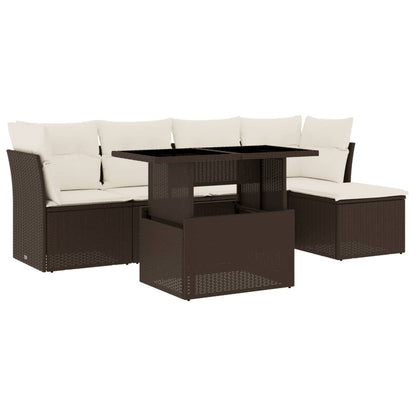 Set Divano da Giardino 6 pz con Cuscini Marrone in Polyrattan