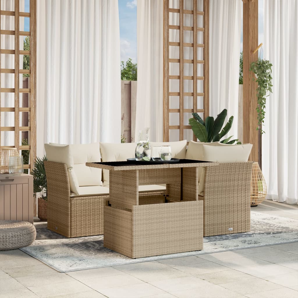 Set Divano da Giardino 5 pz con Cuscini Beige in Polyrattan - homemem39
