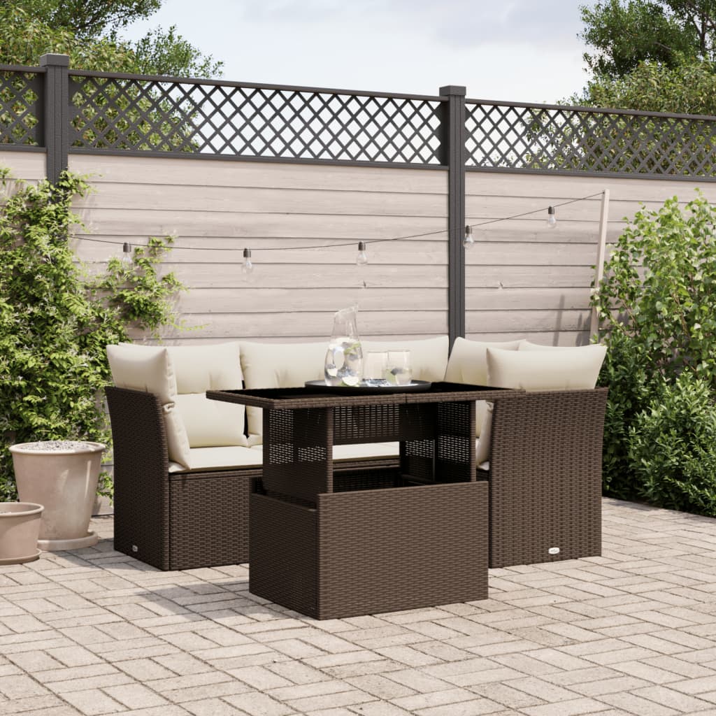 Set Divano da Giardino 5 pz con Cuscini Marrone in Polyrattan - homemem39