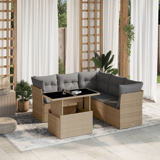 6 pc Garden Sofa Set with Beige Polyrattan Cushions
