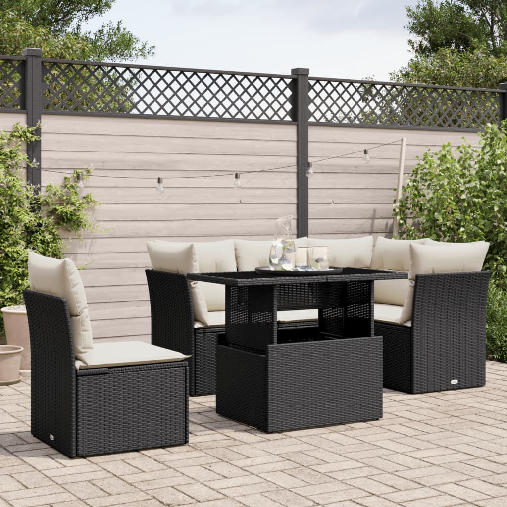 Set Divano da Giardino 6 pz con Cuscini Nero in Polyrattan