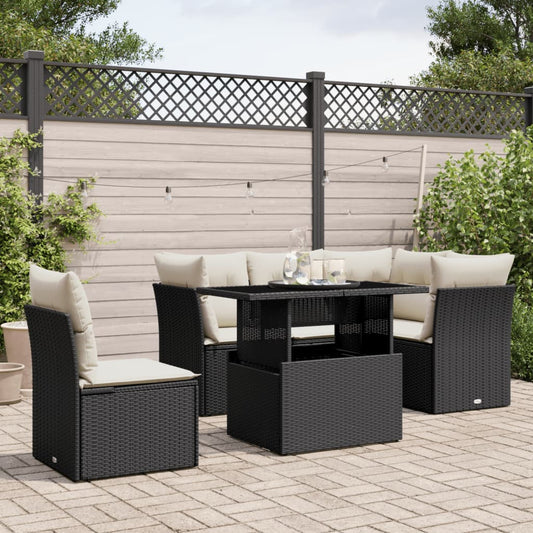 6-teiliges Gartensofa-Set mit schwarzen Polyrattan-Kissen