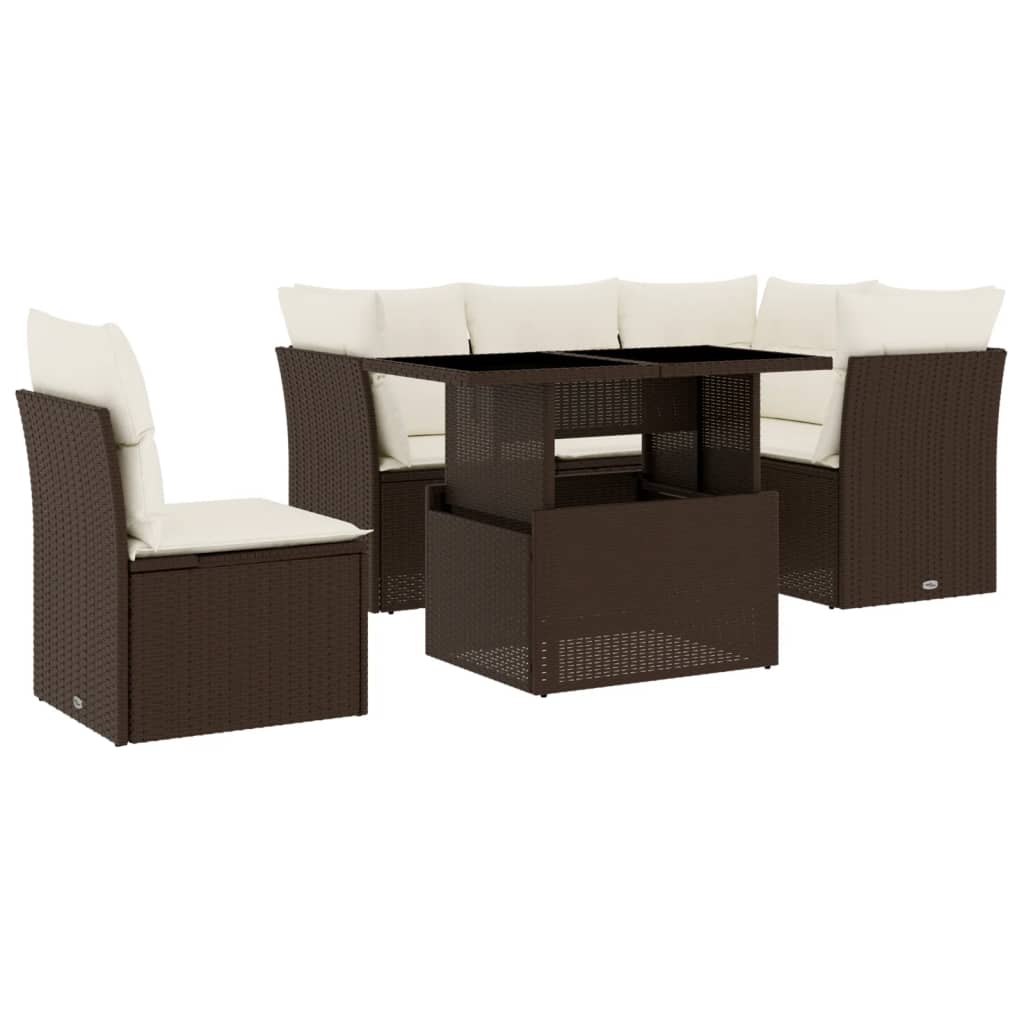 6 pc Garden Sofa Set with Brown Polyrattan Cushions