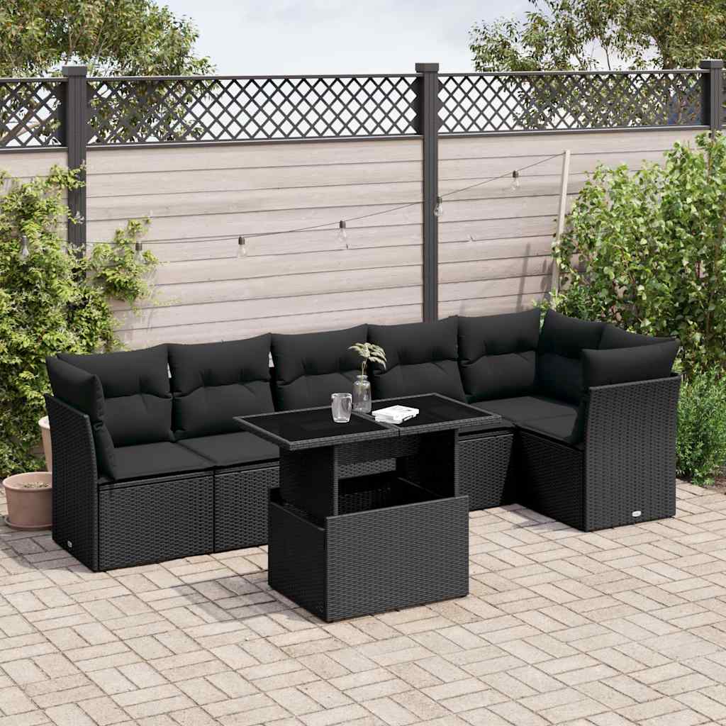 Set Divani da Giardino con Cuscini 7pz Nero Polyrattan