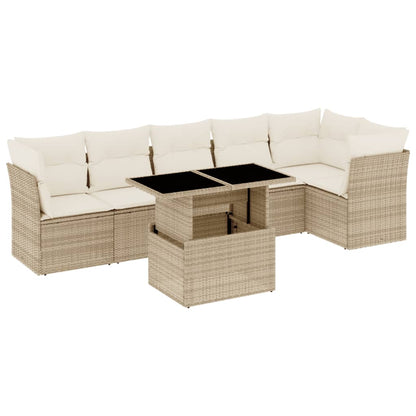 7-piece Garden Sofa Set with Beige Polyrattan Cushions