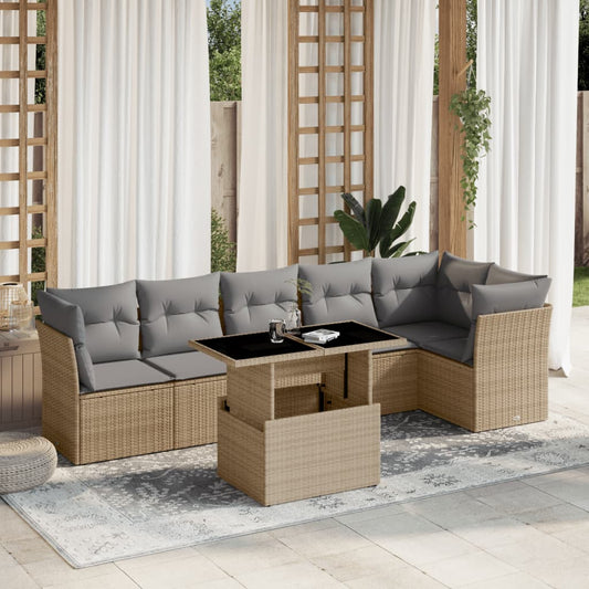 Set Divani da Giardino 7 pz con Cuscini Beige in Polyrattan