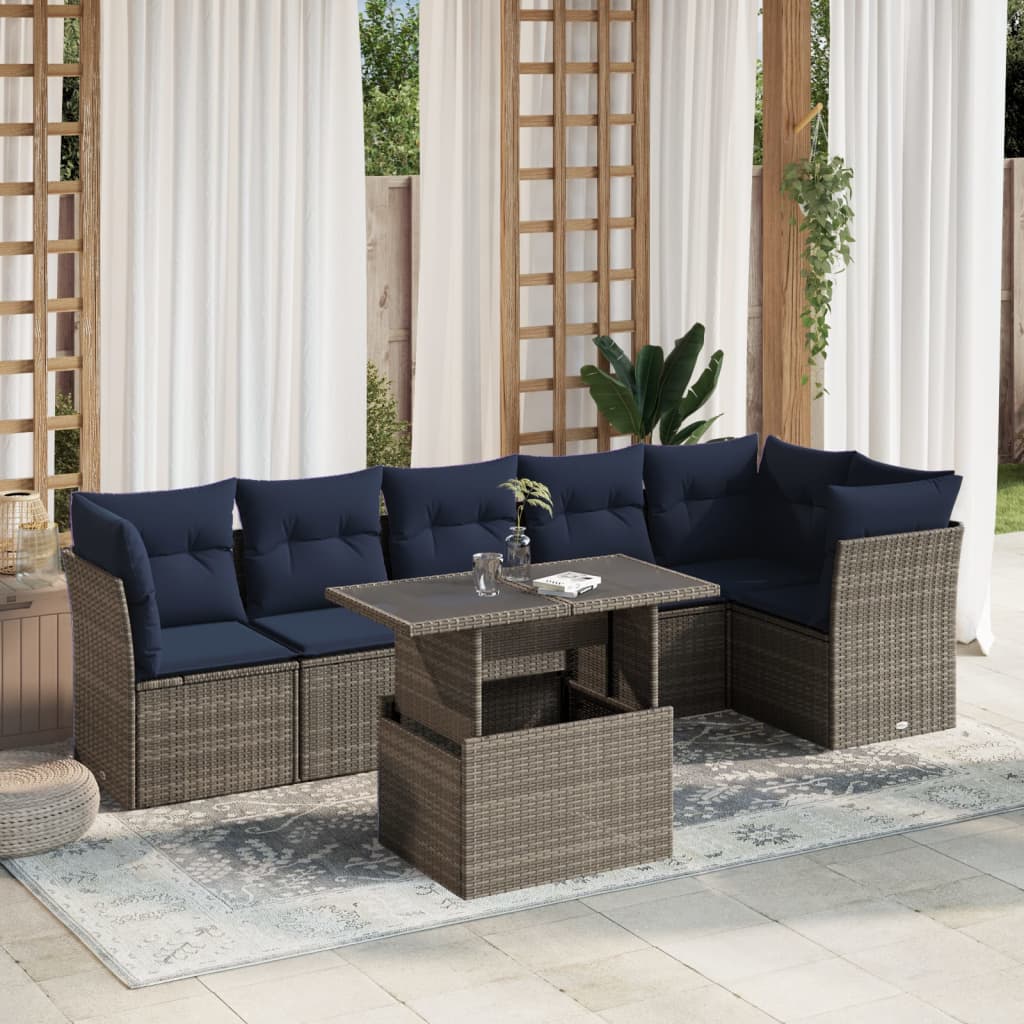 Set Divani da Giardino 7 pz con Cuscini Grigio in Polyrattan | homemem39