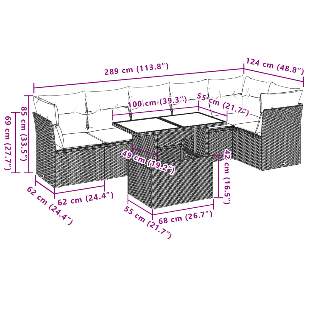 Set Divani da Giardino 7 pz con Cuscini Marrone in Polyrattan