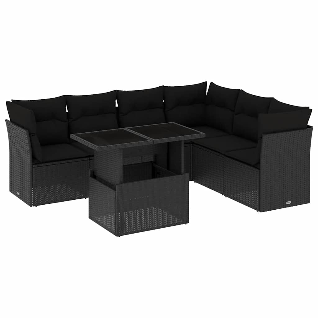 Set Divani da Giardino con Cuscini 7pz Nero Polyrattan
