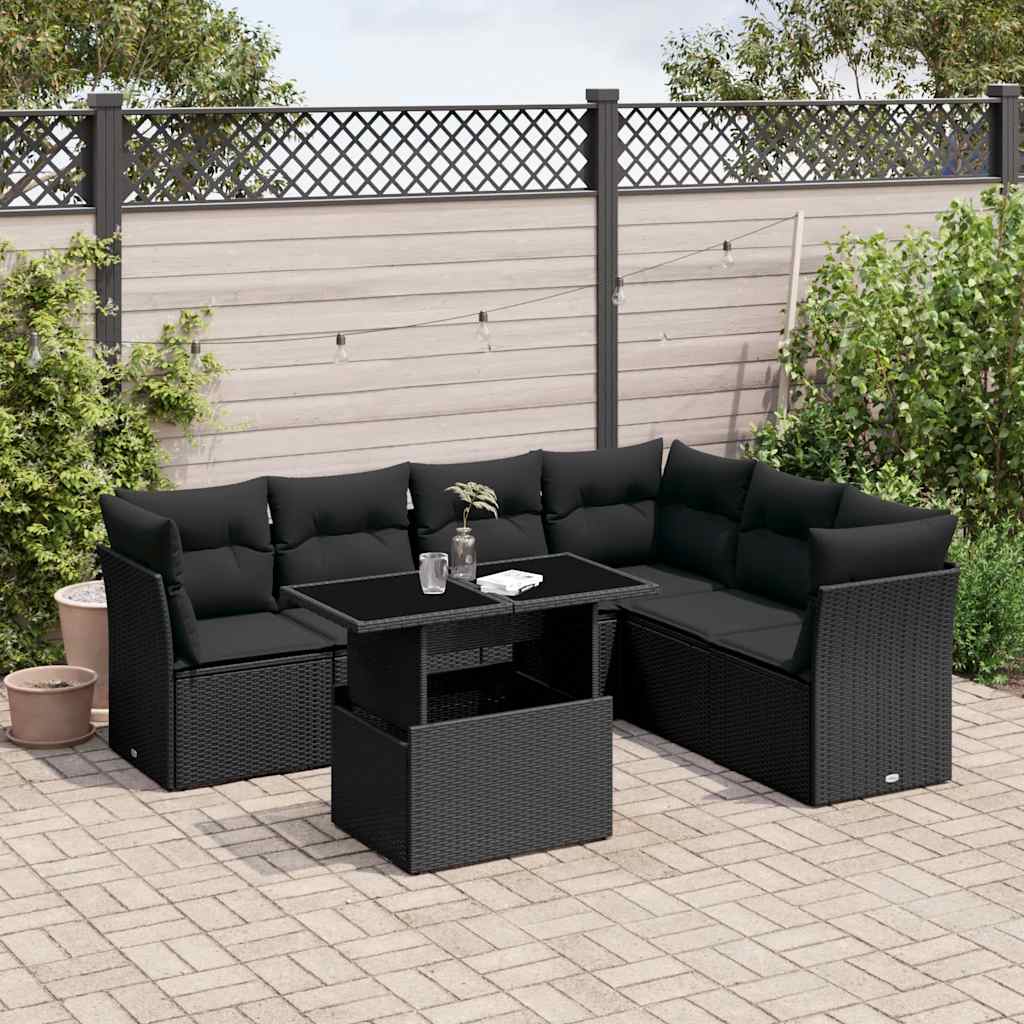 Set Divani da Giardino con Cuscini 7pz Nero Polyrattan | homemem39