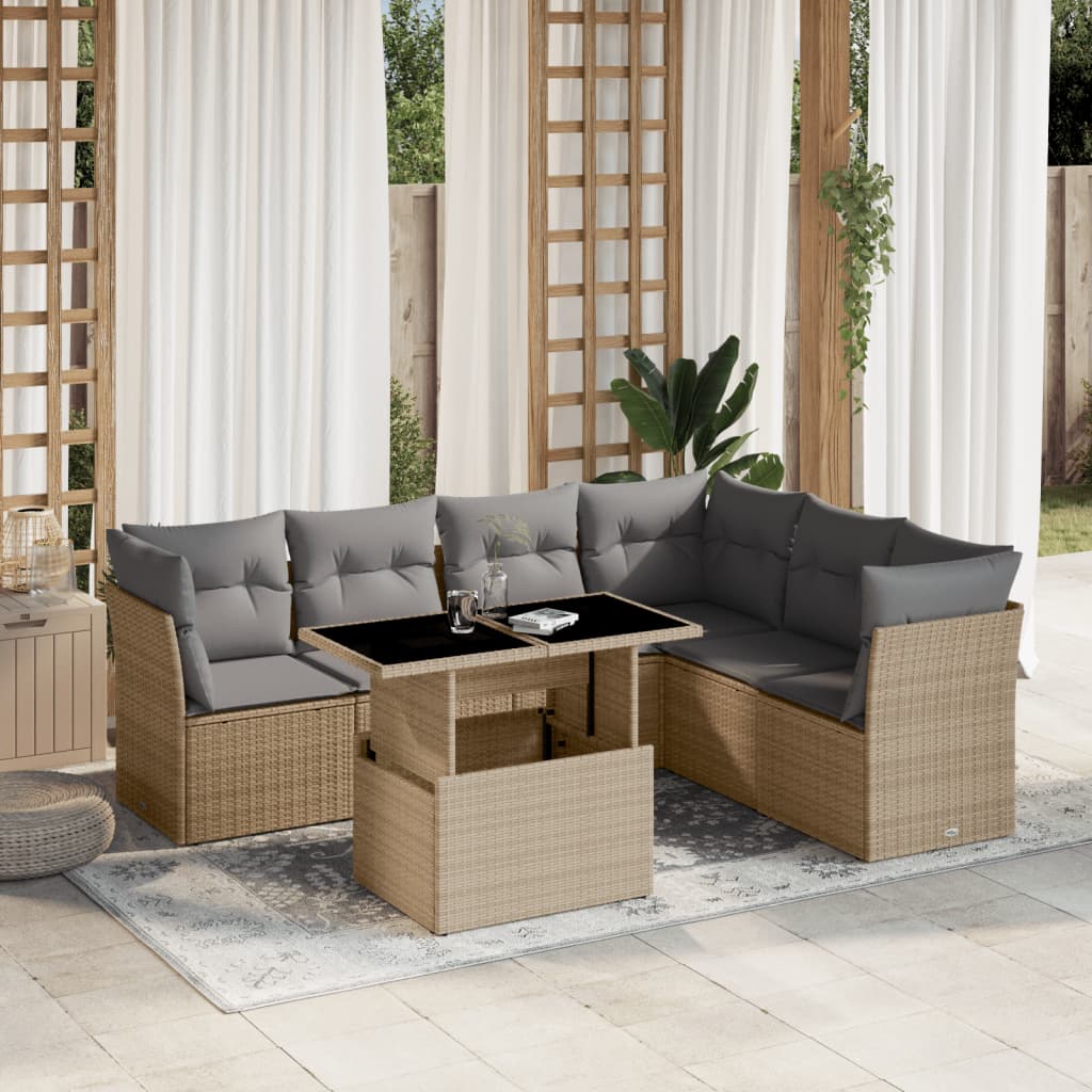 Set Divani da Giardino 7 pz con Cuscini Beige in Polyrattan - homemem39