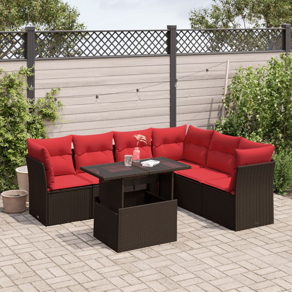 Set Divani da Giardino 7 pz con Cuscini Marrone in Polyrattan