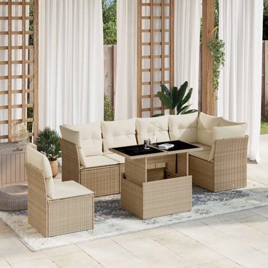 Set Divani da Giardino 7 pz con Cuscini Beige in Polyrattan