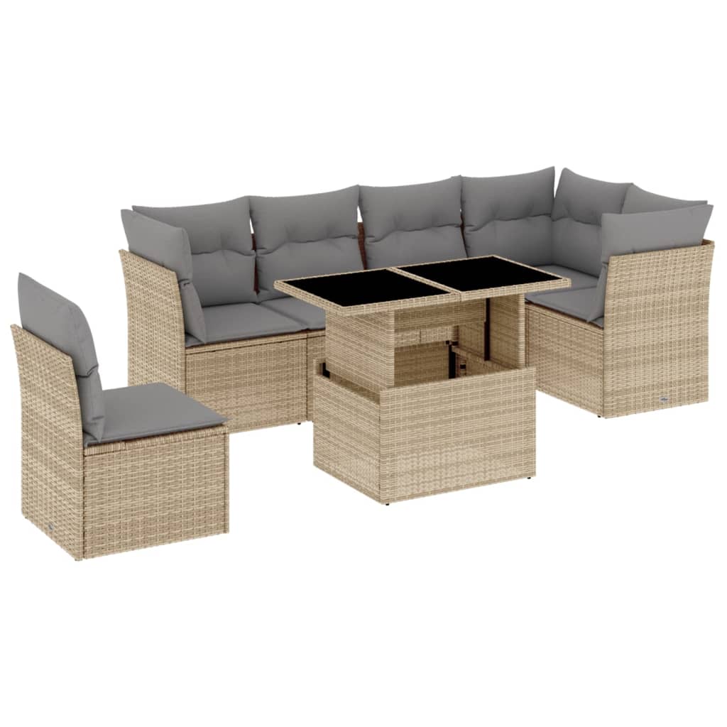 Set Divani da Giardino 7 pz con Cuscini Beige in Polyrattan