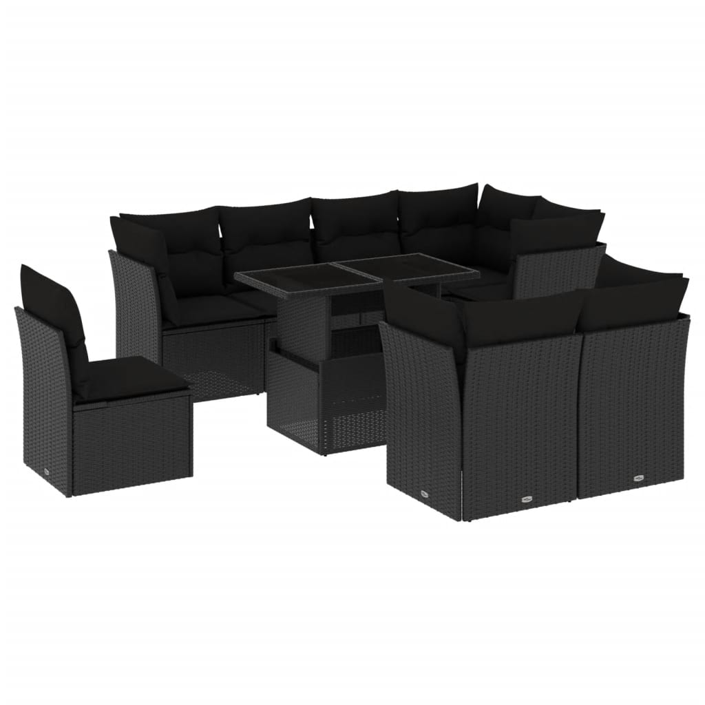 Set Divani da Giardino 9 pz con Cuscini Nero in Polyrattan